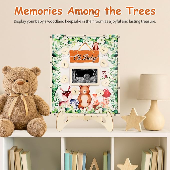 Woodland Baby Shower Decorations,Woodland Animals Baby Shower Guest Book Alternatives with Monkey Pen,Photo Frame and 60 Heart Wood Slices for 60 Guests,Gender Reveal Decorations