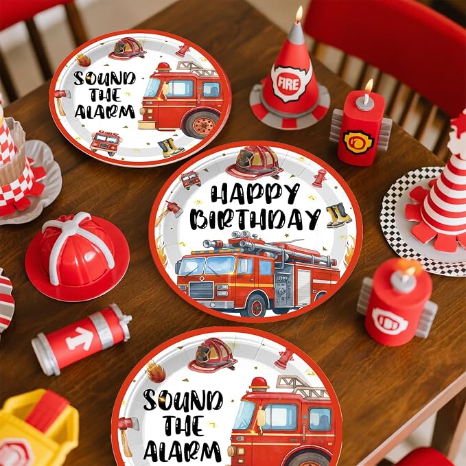 234pcs Firetruck Birthday Decorations, All-in-one Set Includes 300gsm Paper Plates Waterproof Plastic Tablecloth and 105 Balloons, Fire Truck Birthday Decorations for Firefighter Party