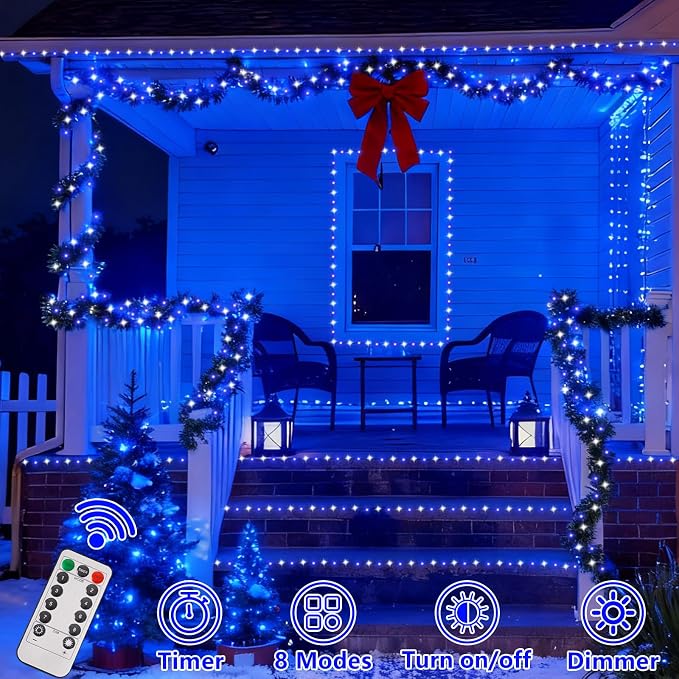 YEGUO Battery Operated String Lights, 2 Pack Each 33ft 100 LED Twinkle Fairy Lights Outdoor Waterproof, 8 Modes Clear Wire Blue and White Christmas Lights Indoor with Remote