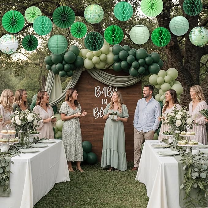 Retisee 18 Pcs Eucalyptus Leaves Sage Greenery Party Decorations Eucalyptus Leaves Hanging Paper Lanterns Sage Green Honeycomb Fans Honeycomb Ball for Neutral Green Theme Party Ceiling Decor Supplies