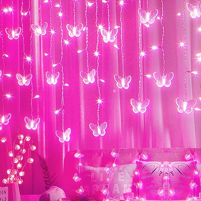 Butterfly Curtain Fairy Lights USB Plug in,120 LED 8 Modes 20FT Firefly Twinkle Icicle String Lights with Remote Timer Waterproof Copper Wire for Bedroom Patio Christmas Wedding Party Dorm(Pink)