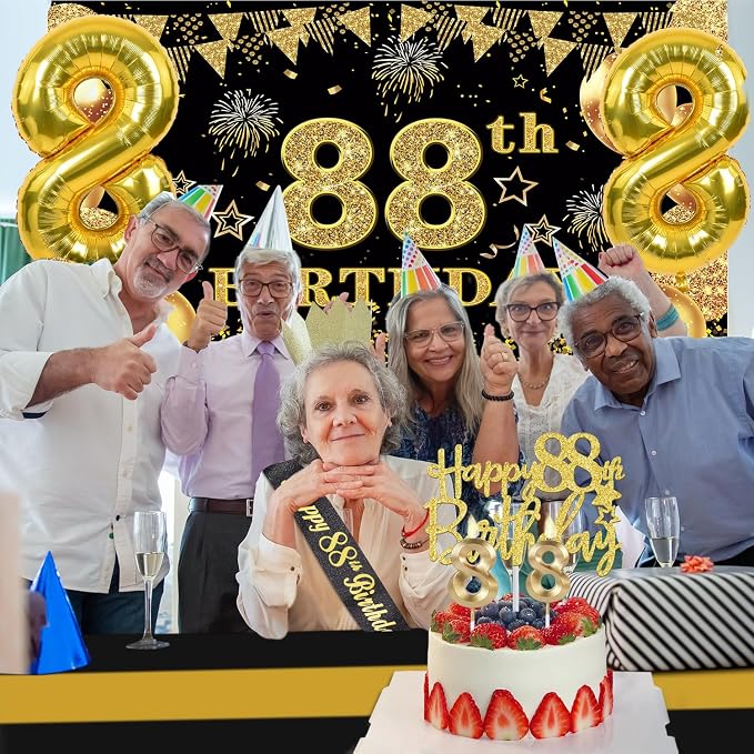88th Birthday Decorations Men Women with 88th Birthday Banner, Black and Gold Table Cloth, Number Balloons, Sash, Cake Topper and Candles