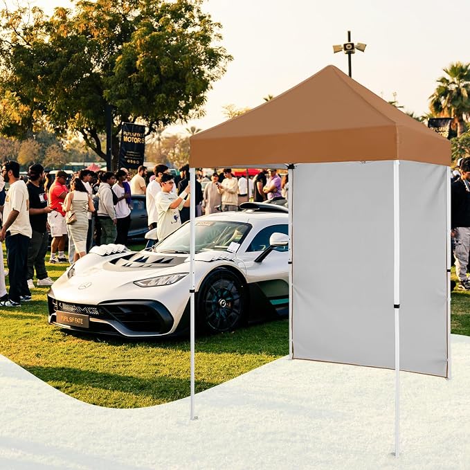 5x5 Pop Up Canopy Tent with One Sidewall, Instant Portable Beach Canopy, Outdoor Tent with Carry Bag for Camping, Sports, Tailgating, Events, Khaki