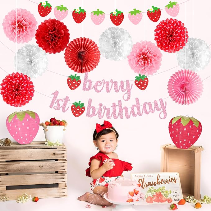 Kriyokiaa Berry First Birthday Decor 14 Pcs Strawberry 1st Birthday Decorations for Girls with Banners, Paper Lantern, Paper Pom Poms Perfect for Baby Girl Party Decoration