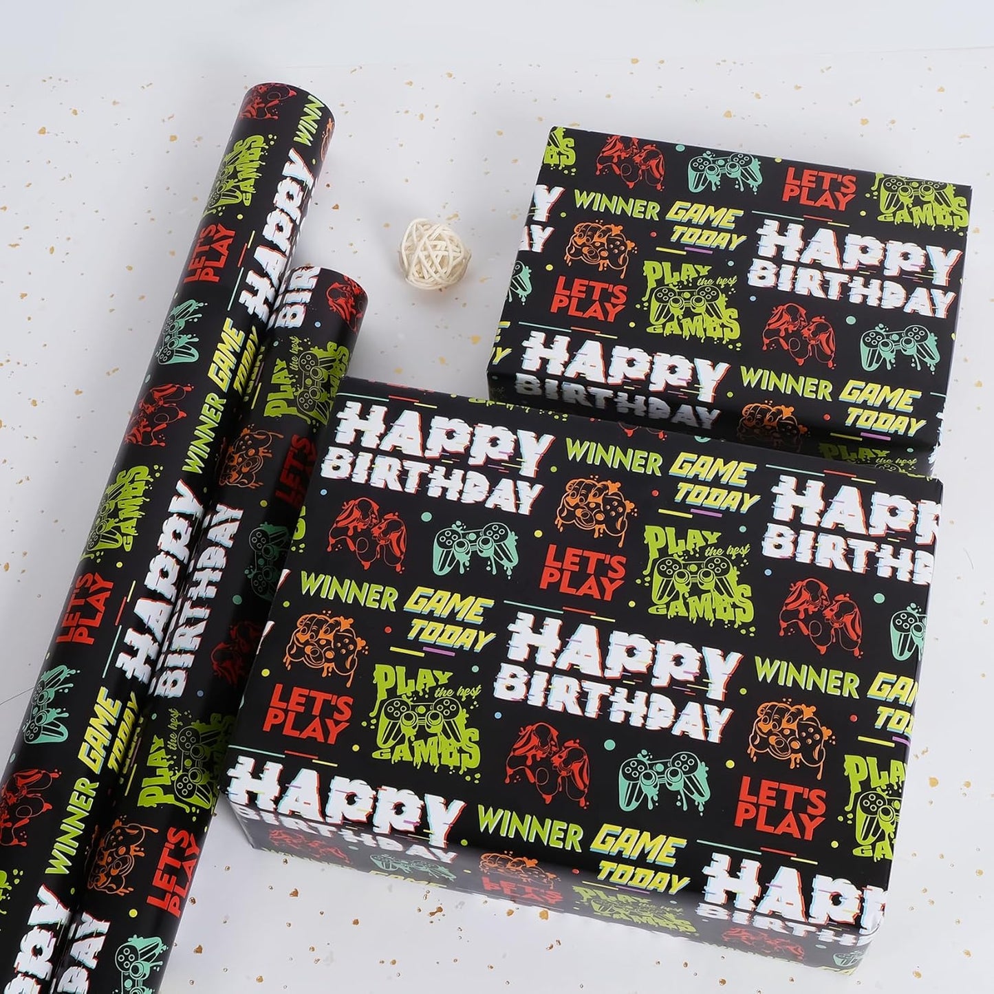 Aimyoo Gaming Birthday Wrapping Paper Roll - 17 Inch X 16.4 Feet - Black Happy Birthday Video Game Pattern Gift Wrap Paper for Boys Party, Baby Shower, Holiday