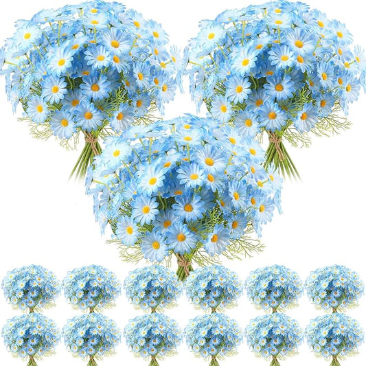 Giegxin 100 Pcs Artificial Daisy Flowers Bulk Realistic Fake Daisies Faux Wildflower Daisy UV Resistant Silk Fake Flowers Plants for Outside Wedding Garden Home Table Decor (Blue)