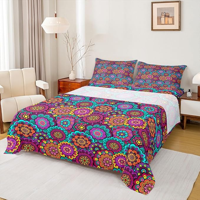 Bohemian Flowers Sheet Set Queen Size Watercolor Mandala Floral Boho Style Bedding Set for Kids Teens Women Room Decor Exotic Rustic Plant Luxury Deep Pocket Bed Sheet Set 2 Pillowcase,Polyester