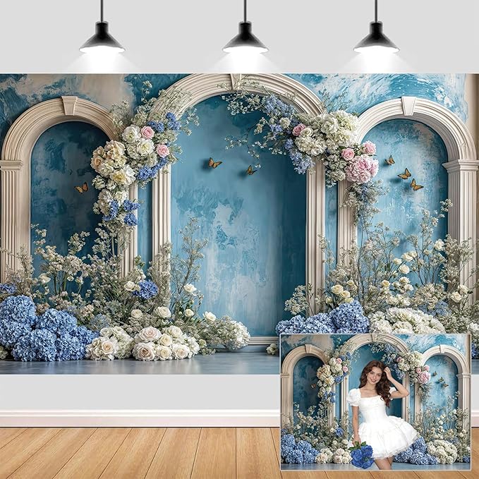 12X10ft Flower Wedding Backdrop Retro Blue Hydrangea Floral Butterfly Arch Photography Backdrops Modern Interior European Style Bridal Shower Wedding Party Portraits Photoshoot Photo Booth