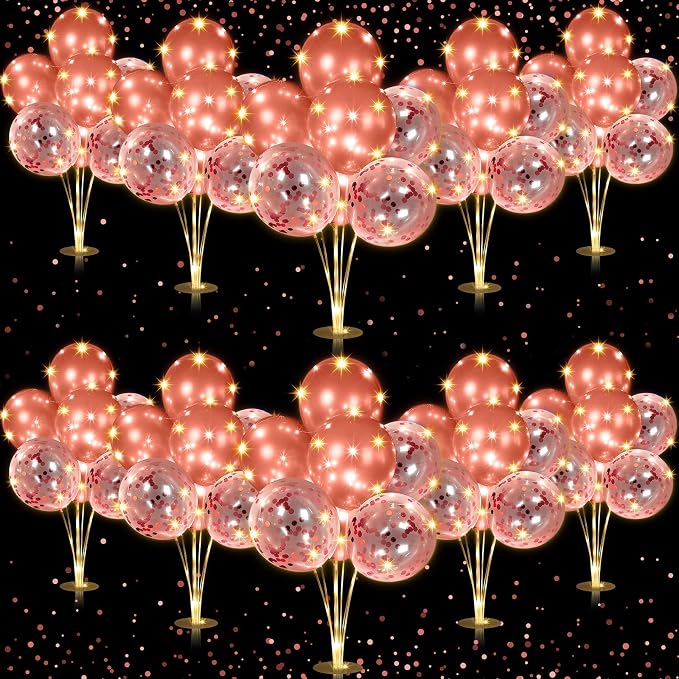 Junkin 10 Set Balloon Stand Kit for Centerpiece with LED String Light 100 Pcs Balloons Table Balloon Stand Centerpieces for Birthday Wedding Baby Shower Back to School Party Decor(Rose Gold)