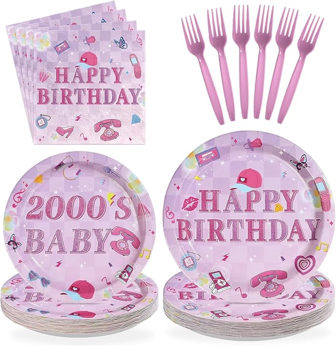 96Pcs 2000s Birthday Party Decorations Y2k Hot Pink Bday Plates and Napkins Disposable Early 2000s Theme Tableware Set for 00s Girls Teen Y2k Birthday Hot Pink Bachelorette Party Supplies Serves 24