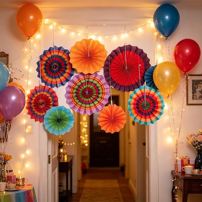 SUNBEAUTY 9 Pcs Colorful Mexican Fiesta Hanging Paper Fans Decorations Paper Fans for Cinco de Mayo Decorations Flower Hanging Mexican Theme Party Decor for Taco Nights Fiesta Party Carnivals