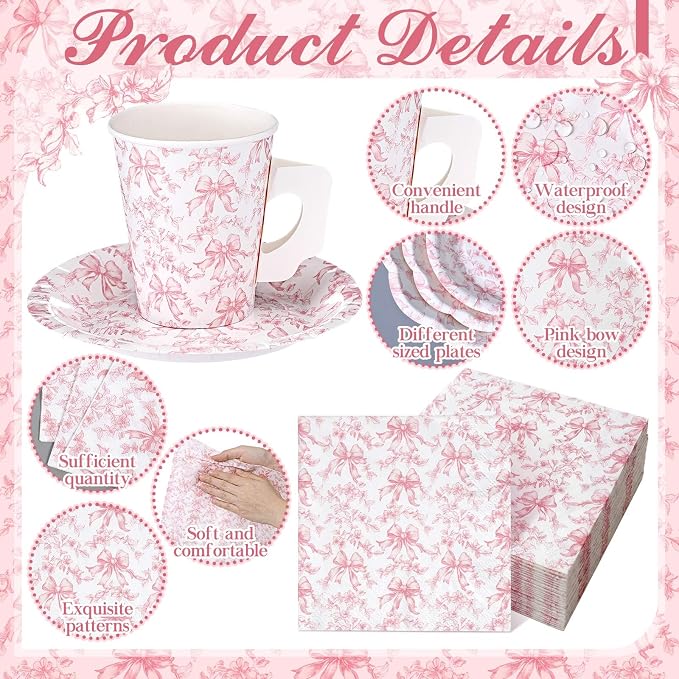 Pickmesh 252 Pcs Pink Bow Floral Tea Party Supplies for 36 Guests Flower Paper Disposable Dinnerware Flower Teacup with Handle and Saucers Set for Tea Party Decorations Birthday Baby Shower Wedding