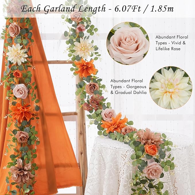 Waipfaru 2Pcs Fall Garland Decor, 6Ft Eucalyptus Flower Garland for Table, Fall Floral Vines with Terracotta Flowers for Wedding Arch Backdrop Wall Thanksgiving Decorations (Terracotta)