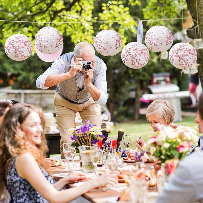 Honoson 12 Pcs Cherry Blossom Paper Lanterns Spring Floral Cherry Blossom Party Decorations Hanging 10 Inch Chinese Lanterns for Wedding Bridal Shower Baby Shower Tea Party Decorations
