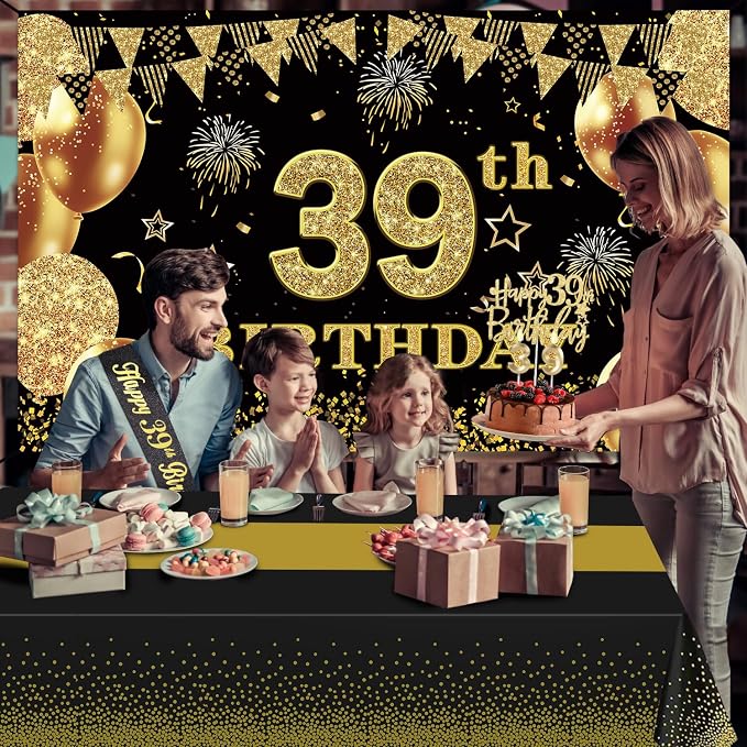 39th Birthday Decorations Men Women with 39th Birthday Banner, Black and Gold Table Cloth, Number Balloons, Large Sash, Cake Topper and Candles