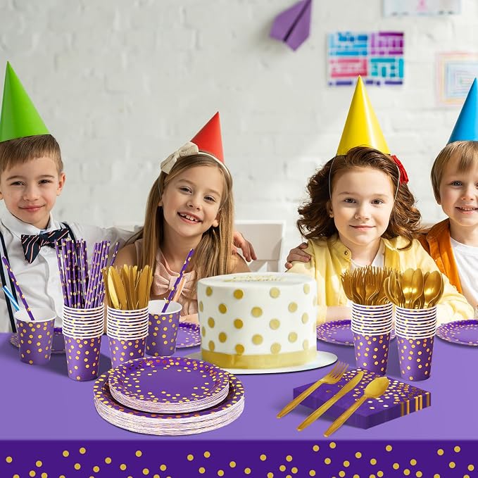 Nkaiso Paper Plates and Napkins Set, 193 Pieces Purple Gold Party Supplies Includes Paper Plates Cups Napkins Straws and Cutlery for Birthday Wedding Holidays Parties Decorations-24 Guests