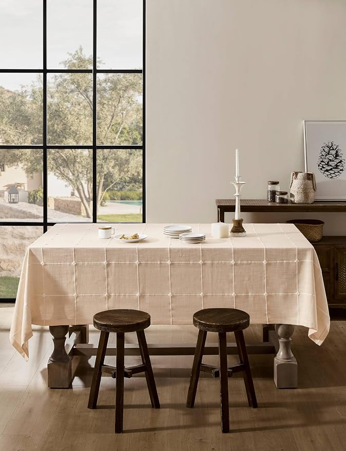 ZeeMart Grid Embroidered Hemmed Tablecloths, Cream 60x60 Inch, Farmhouse Style Heavy Weight Cotton Linen Cream Tablecloths, Boho Plaid Water Resistant Square Table Cloth