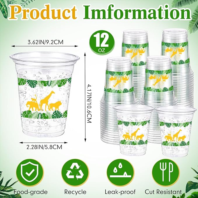 Funnymoom 60 Pack Jungle Safari Animals Cup 12 oz Wild Animals Disposable Clear Plastic Cups for Two Wild Zoo Jungle Safari Themed Birthday Baby Shower Party Decorations Supplies