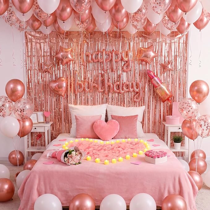 Realspring 170 Pcs Rose Gold Birthday Decorations for Women Birthday Room Decorations for Party Bedroom with Lipstick Heart Star Balloons Rose Gold Foil Fringe Curtains Pink Confetti Tea Light