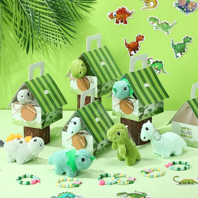 Remuuly 88 Pcs 12 Sets Dinosaur Party Favor Mini Dinosaur Stuffed Animals Bulk Plush Keychains Bracelet Gift Box Sticker for Adopt an Animals Favors Birthday Goodie Bag Supplies Fillers Stuffers