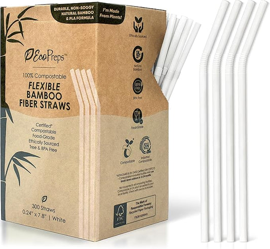 EcoPreps Flexible Biodegradable Bamboo Fiber Straws, 300 Count | 100% Compostable, Plastic-Free, Eco-Friendly Drinking Straws for Cold Drinks | 7.8'' Bendable, Disposable Bamboo Fiber Straw (300 PCS)