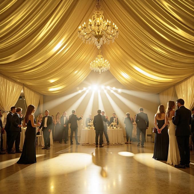 gogoparti 20x20FT Gold Shimmer Backdrop Curtains for Weddings Parties - 4 Panels of Extra Long 5x20FT Drapes, Includes Dual Pole Pockets, Wrinkle-Free Fabric for Party, Photo Booth & Tent Decoration