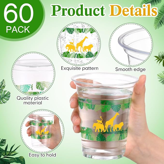 Funnymoom 60 Pack Jungle Safari Animals Cup 12 oz Wild Animals Disposable Clear Plastic Cups for Two Wild Zoo Jungle Safari Themed Birthday Baby Shower Party Decorations Supplies
