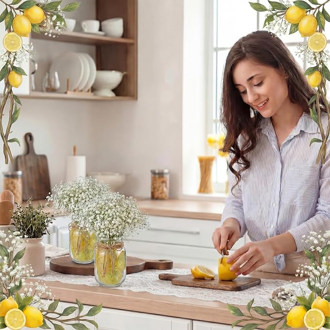 Suncalla 49 Pcs/6 Set Lemon Table Centerpiece Baby Breath Mason Jar with Burlap Fake Lemon Slices Gypsophila Centerpiece Decor for Engagement Party Bridal Shower Wedding Reception Picnic Table Decor