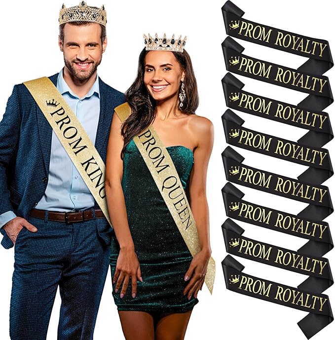 Saintrygo 12 Pcs Prom Crown and Sash Set, Prom King and Queen Tiara Rhinestone Crown Glitter Court Royal Satin Sash for 2026 Graduation Ball Dance Night Party Birthday Accessory(Gold,Elegant)