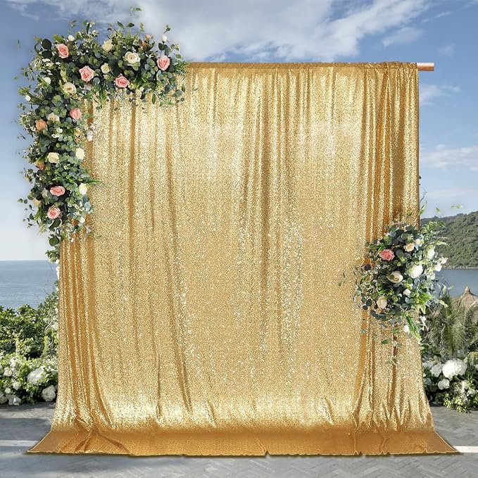 PartyDelight Gold Sequin Backdrop 6x8ft 4 Inch Rod Pocket | Dense 3mm sequins on mesh backing with 4 inch rod pocket for full body photos ceremony arches party walls and stage displays