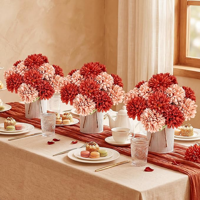 Pre-Made Flower Table Centerpieces, Set of 6 Artificial Silk Chrysanthemum with Metal Vases for Wedding, Birthday Parties, Home Decoration (Terracotta, Set of 6 Floral Arrangement)