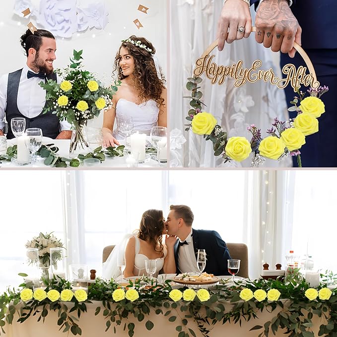 100PCS Yellow Artificial Flowers Roses Real Looking Foam Fake Roses with Leaves and for DIY Wedding Bouquets Bridal Shower Centerpieces Party Decorations (Yellow, 100)