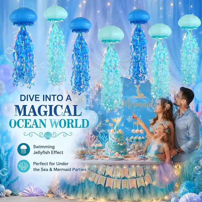 10" Blue Jellyfish Paper Lanterns, Under The Sea Party Decorations, Mermaid Birthday Decorations for Girls, Hanging Ocean Themed Pool & Beach Party Decor, DIY Jellyfish Lamp Room Decor, 6 PCS