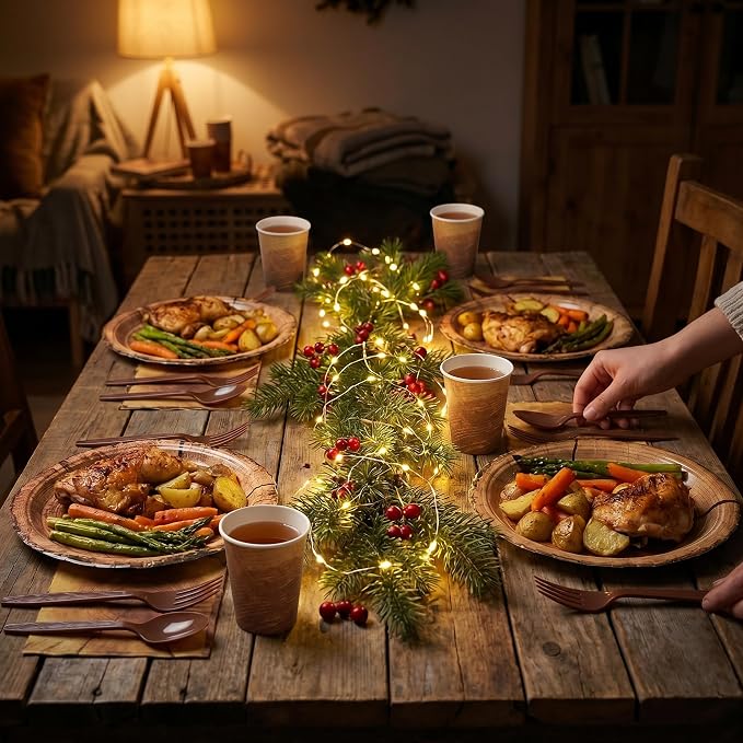 400 Pcs Disposable Rustic Wood Grain Slice Tableware Set for 50 Guests | Heavy-Duty 7" & 9" Paper Plates, Cups, 13" Napkins & Plastic Cutlery for Camping Forest Woodland Birthday Party Supplies