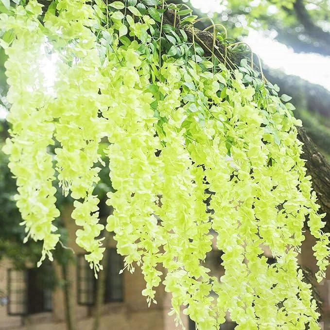 12 Pack Green Wisteria Hanging Flowers Garland with Lights, 3.44 Feet Artificial Flower Vines, Fake Wisteria, Artificial Vines Hanging Garland for Backdrop Outdoor Patio Garden Decor