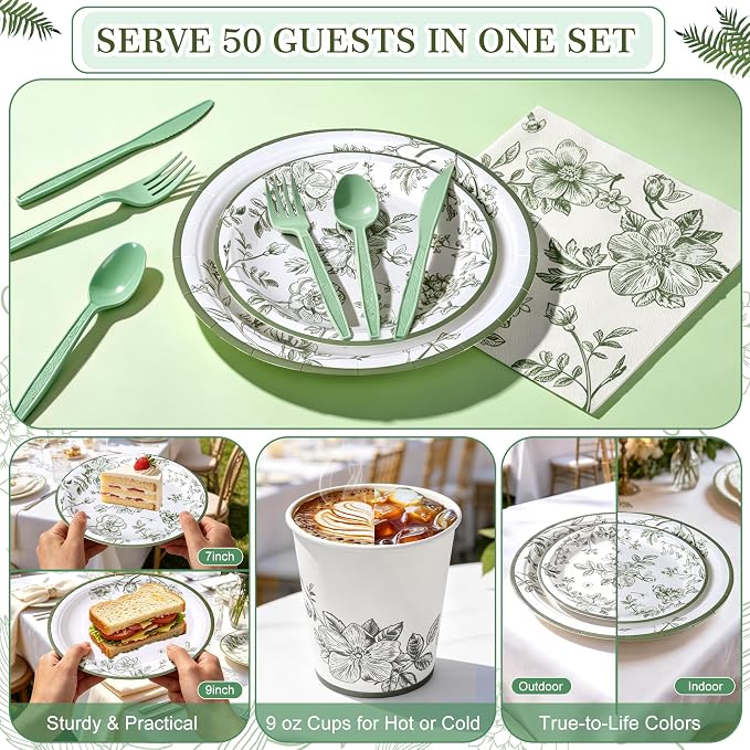 400 Pcs Disposable Sage Green Floral Tableware Set for 50 Guests | Heavy-Duty 7" & 9" Paper Plates, Cups, 13" Napkins & Plastic Cutlery for Bridal Baby Shower and Tea Party Supplies