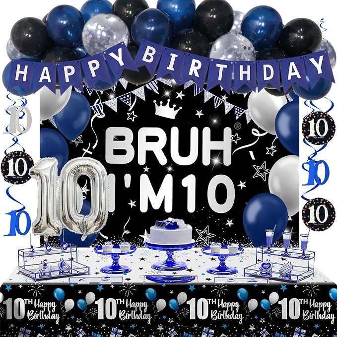 10th Birthday Decorations for Boys & Girls, 54 PCS Blue Black Party Decorations, 10 Year Old Boy Birthday Party Supplie with Banner Backdrop, Hanging Swirls, Tablecloth, Bruh I'm 10 Party Supplies