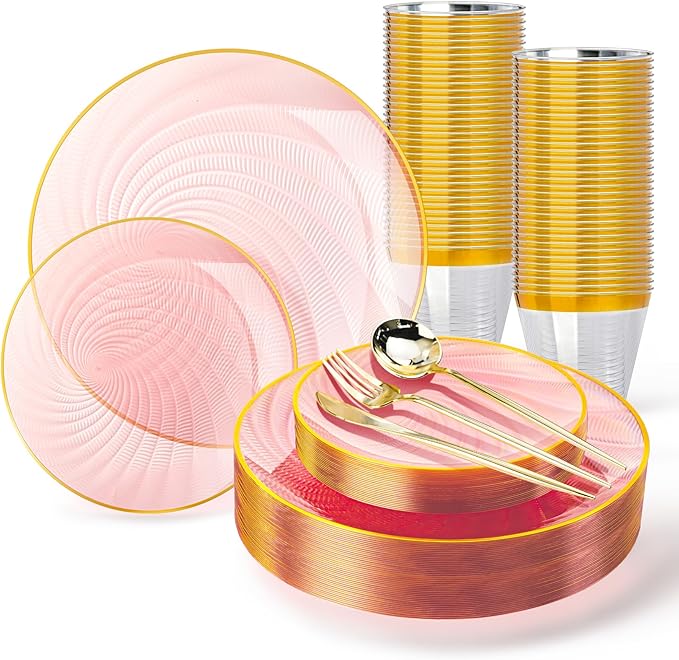 N9R 180 PCS Disposable Dinnerware Set with Gold Rim for 30 Guests, Pink Plastic Plates Include 30 Dinner Plate, 30 Dessert Plates, 30 Cups, 90 Heavy Duty Gold Plastic Silverware for Party & Wedding