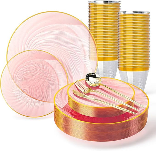 N9R 180 PCS Disposable Dinnerware Set with Gold Rim for 30 Guests, Pink Plastic Plates Include 30 Dinner Plate, 30 Dessert Plates, 30 Cups, 90 Heavy Duty Gold Plastic Silverware for Party & Wedding