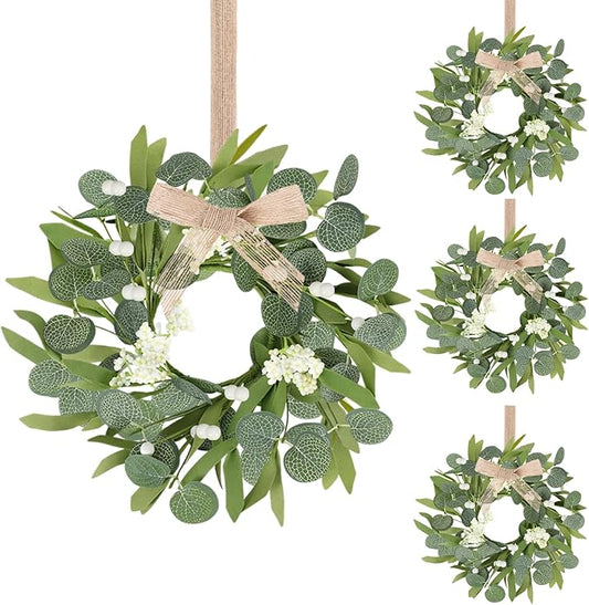 4 Pcs Green Eucalyptus Wreaths for Kitchen Cabinet Artificial Spring Summer Eucalyptus Wreath with White Berries Mini Green Wreaths with Ribbon for Front Door Porch Wall Window Farmhouse Decoration