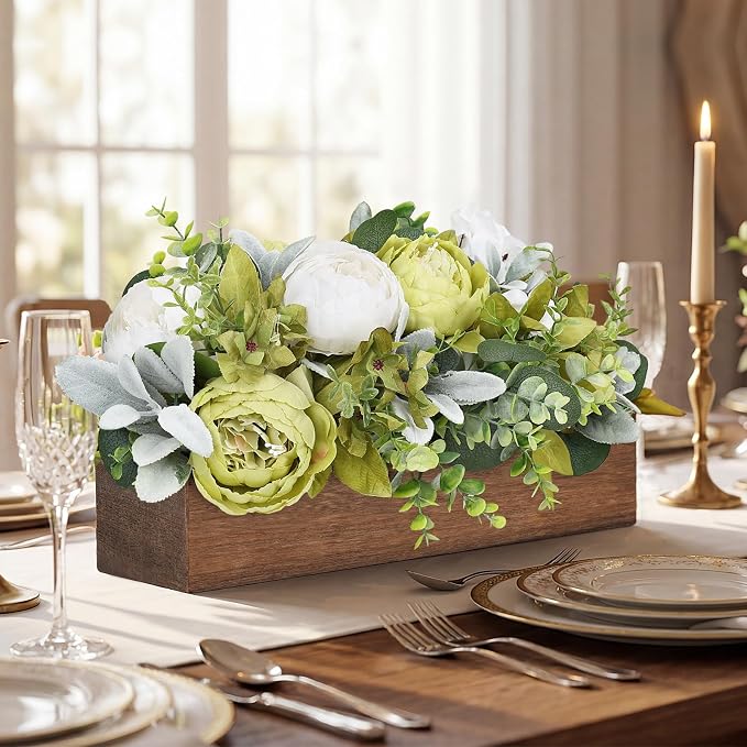 Summer Flower Centerpieces for Table Dining Room Pre-Made Artificial Peony Table Decorations Wood Tray with Fake Flowers for Wedding Living Room Party Bar Kitchen Table(Green White)