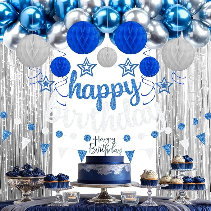 Blue and Silver Birthday Party Decorations Set - Happy Birthday Banner Balloons Foil Curtains Hanging Swirls for Men Women Kids Birthday Party Supplies