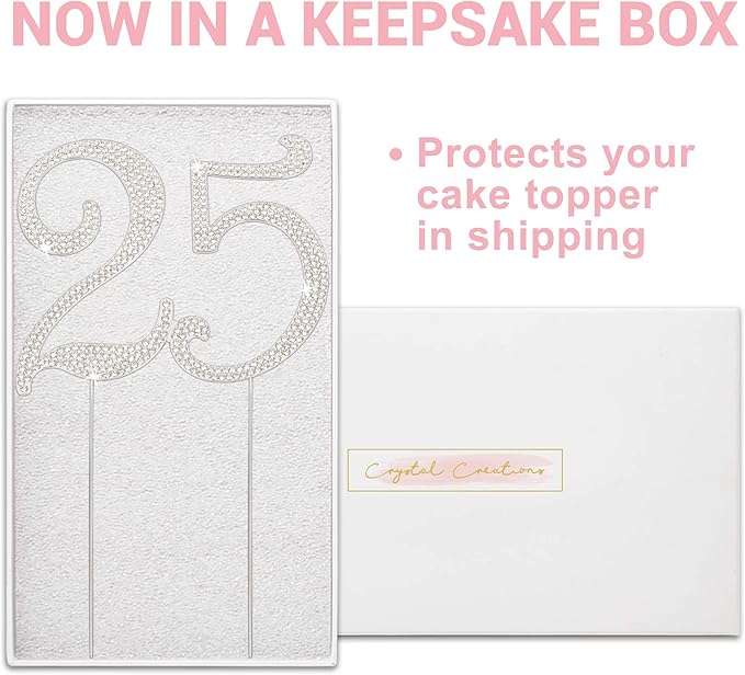 25 Cake Topper - Premium Silver Metal - 25th Birthday or Anniversary Party Sparkly Rhinestone Decoration Makes a Great Centerpiece - Now Protected in a Box
