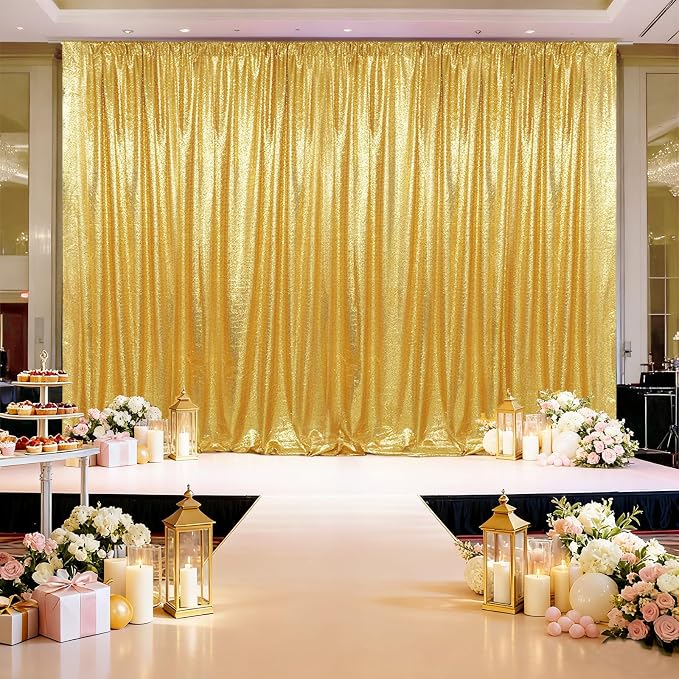 SquarePie 10x10ft Gold Sequin Backdrop for Photography, Satin-Backed Real Sequin Curtain, Enhanced Coverage Shimmering Background with 4" Rod Pocket for Wedding, Birthday, Party Decor, 1 Panel
