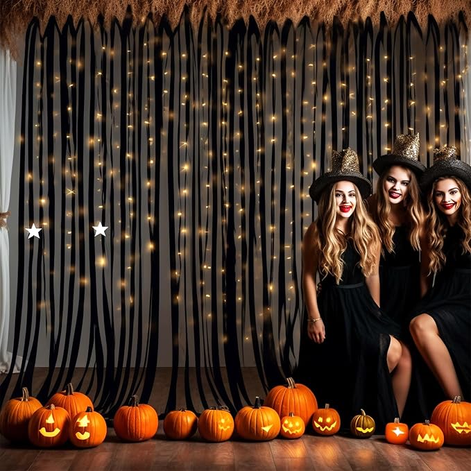 10x8ft Black Tulle Backdrop Curtain with Lights String for Parites, Sheer Photo Backdrop Curtains with Lights for Wedding Backdrop Ceremony Reception Bridal Shower Baby Shower Birthday Party