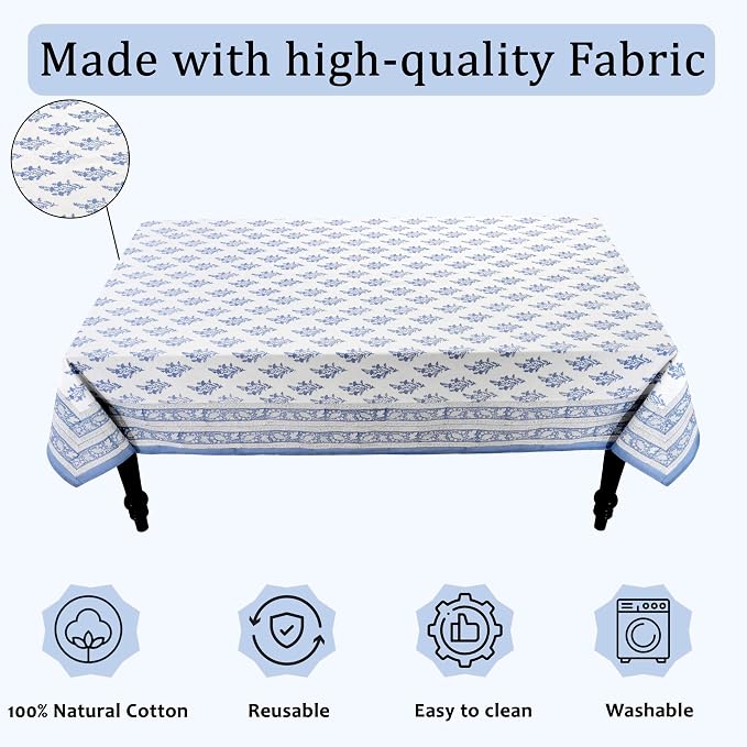 Ridhi Block Print Coastal Blue Rectangle Cotton Tablecloth 120" x 60" Reusable Table Cover Decorative Everyday Use for Dining, Farmhouse, Home Gift for Spring, Easter, Valentine