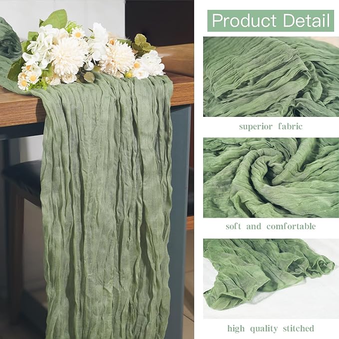 16 Pack Sage Green Cheesecloth Table Runner 10FT Boho Gauze Cheese Cloth Table Runner Long Rustic Sheer Table Runners for Wedding Bridal Baby Shower Birthday Party Table Decorations