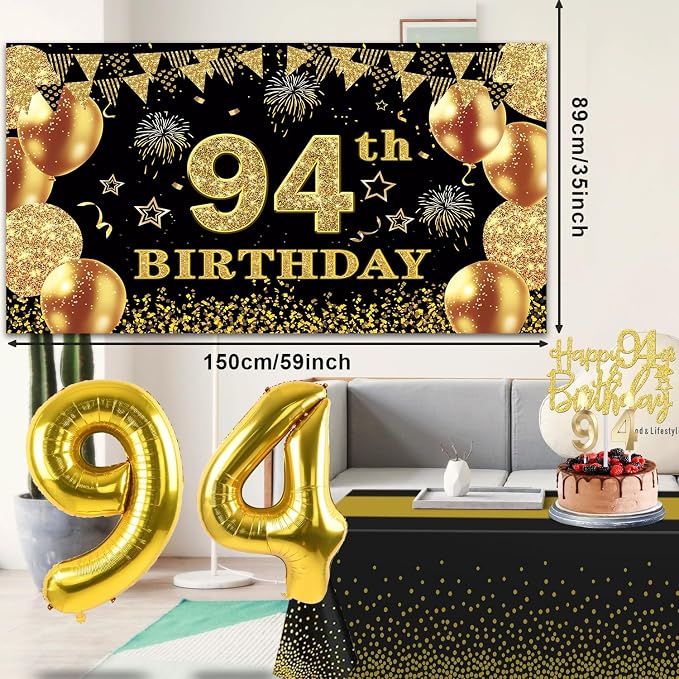 94th Birthday Decorations Men Women with 94th Birthday Banner, Black and Gold Table Cloth, Number Balloons, Large Sash, Cake Topper and Candles