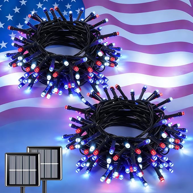 QITONG Red White and Blue Solar String Lights, 2 Pack Each 33ft 100 LED 4th of July Lights Outdoor Waterproof, 8 Modes Green Wire Solar Patriotic Lights for Independence Memorial Day