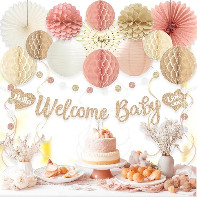 Boho Blush Pink Baby Shower Decorations for Girl, Pre-Strung, 24pcs | Welcome Baby Sign, Honeycomb Balls, Paper Flowers, Lanterns, Fans, Streamers, Dots Garland for Girl Baby Shower Decorations